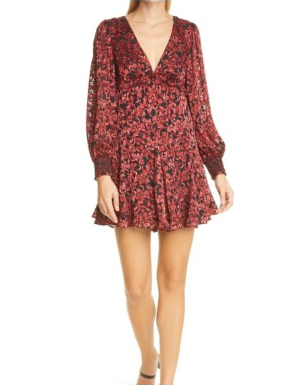 Alice and Olivia red Floral Mini Dress Deep plunge V neck xs dark romantic